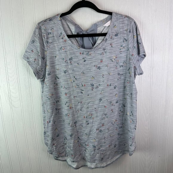 LC Lauren Conrad Gray Floral Blouse Short Sleeve Bow‎ Detail size large - Picture 1 of 4